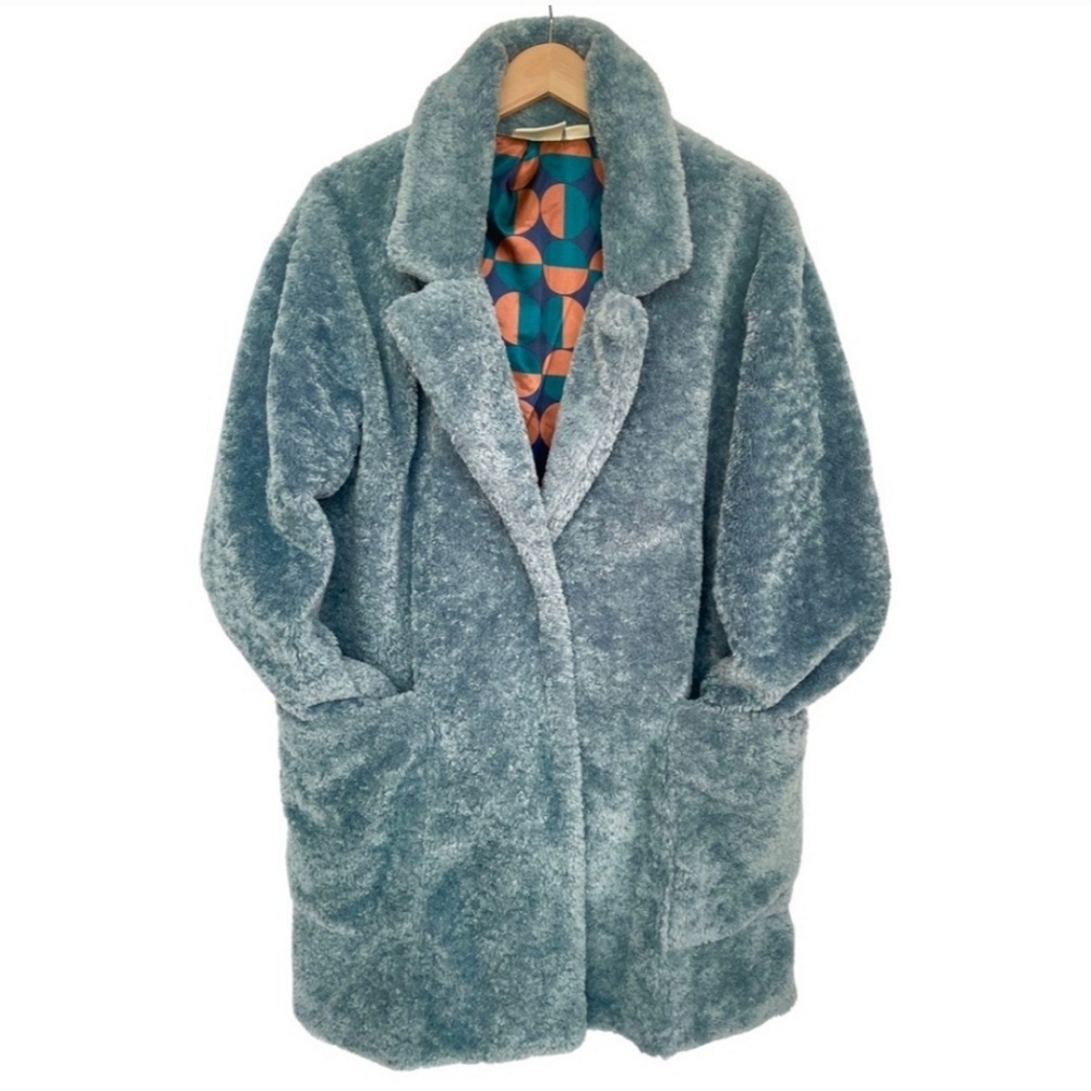 NWT Anthropologie Maeve Lisanne Faux Fur Teddy Bear Coat Jacket Fuzzy Blue 1X - Picture 6 of 11